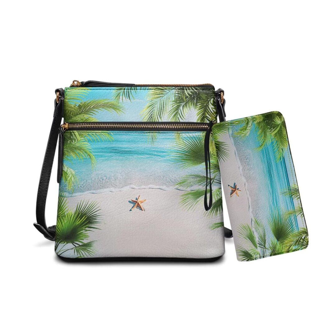 5902 Beach Sea Starfish Palm Tree Print PU Leather Crossbody Hobo Bag